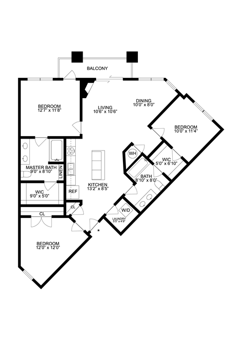 Floor plan for 3 beds, 2 baths, 1172 sqft